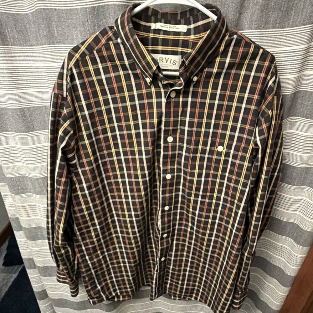 Orvis Men L Regular Cotton Woven Plaid Long Sleeve Button-Down Shirt